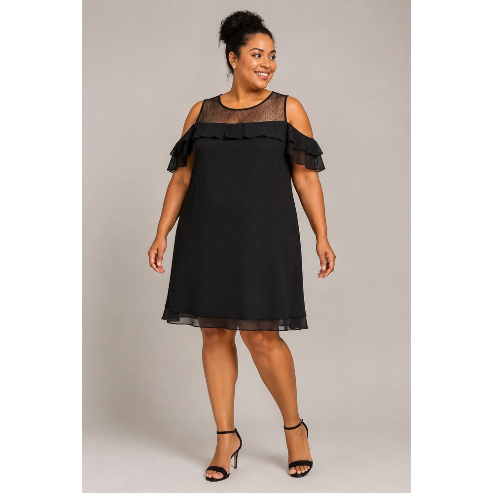 Nanette Lepore Women 16 Dress Black Cold Shoulder Swiss Dot Ruffle Cocktail LBD